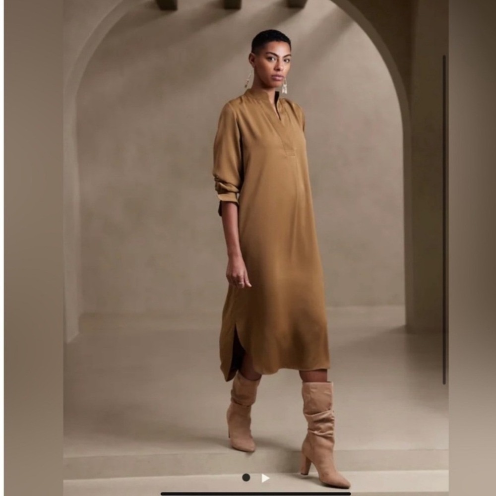 NEW Banana Republic LS Mandarin Collar Maxi Dress Horse Hair Brown Womens Small
